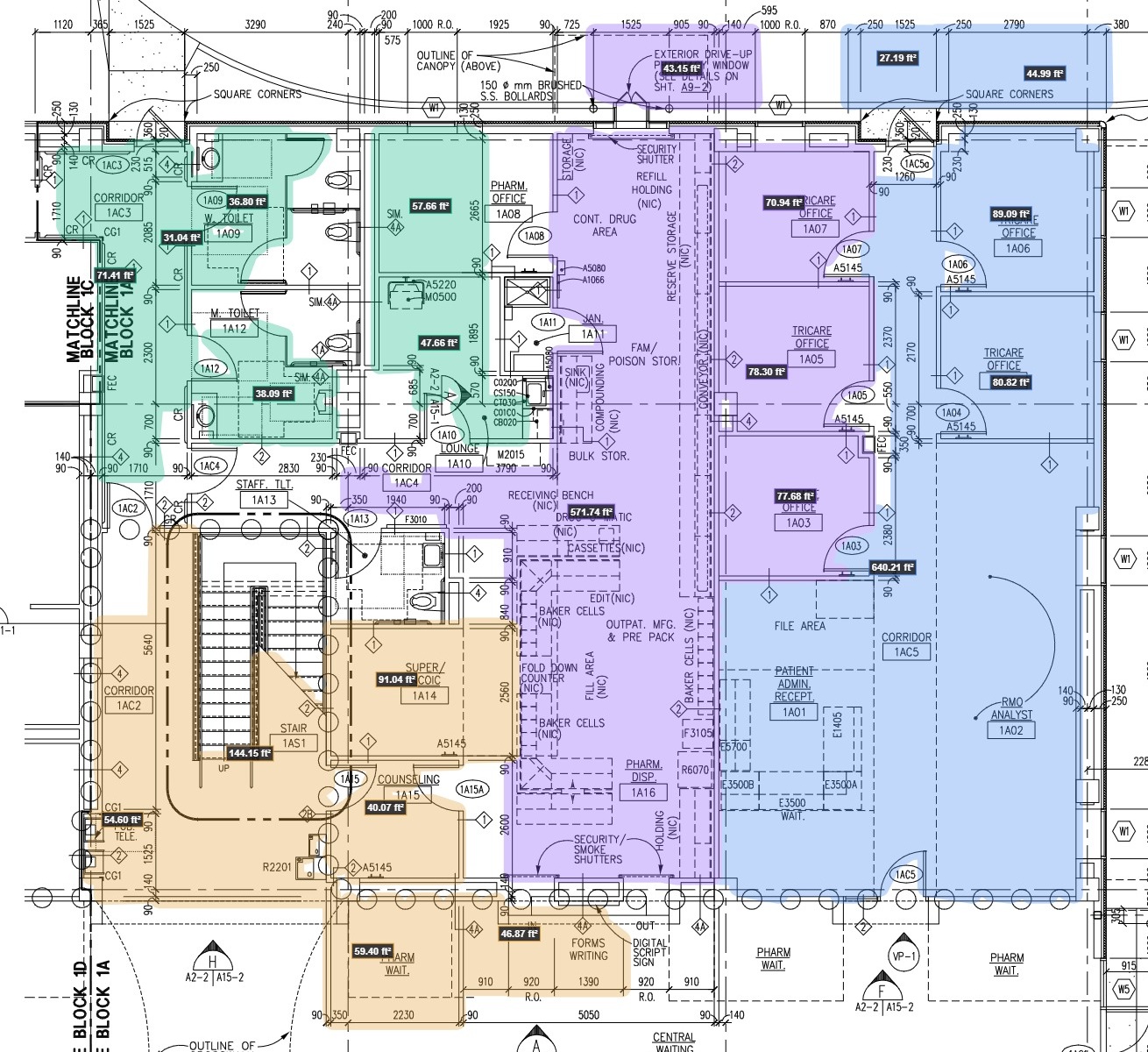Medical clinic floor plan with rooms auto-detected as a starting takeoff, measured in square feet and color-coded into four department zones