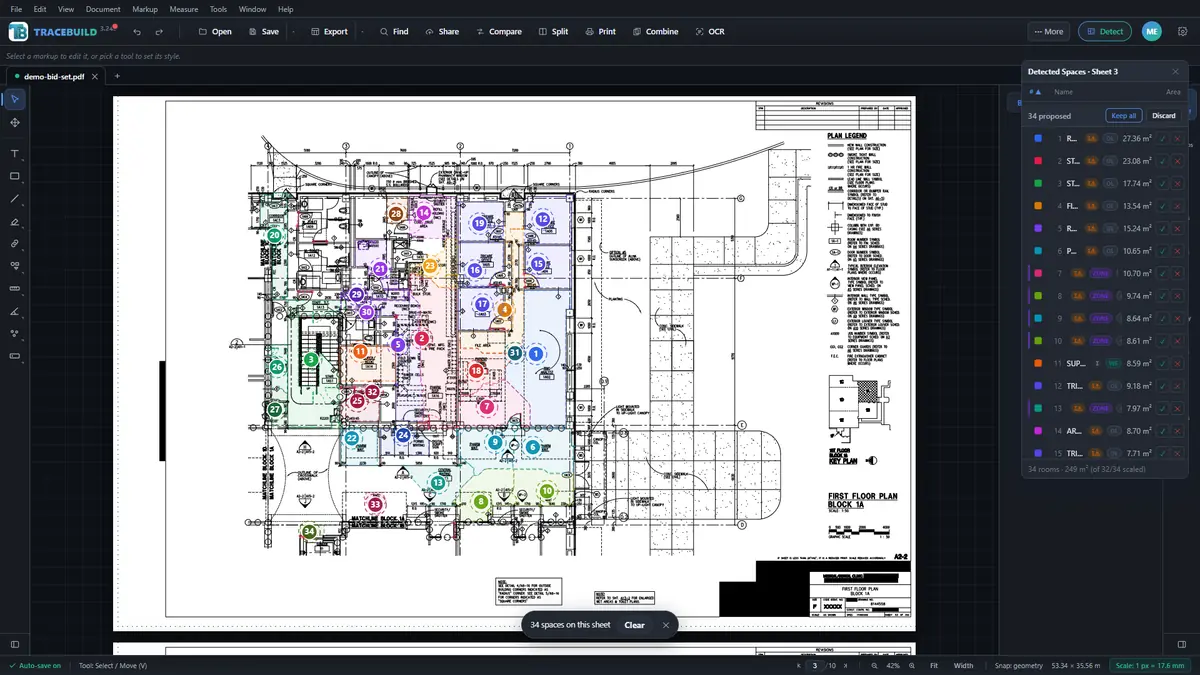 TRACEBUILD Lite in a browser with a floor plan open, 34 proposed rooms outlined in colour and the Detected Spaces review panel listing room names and areas