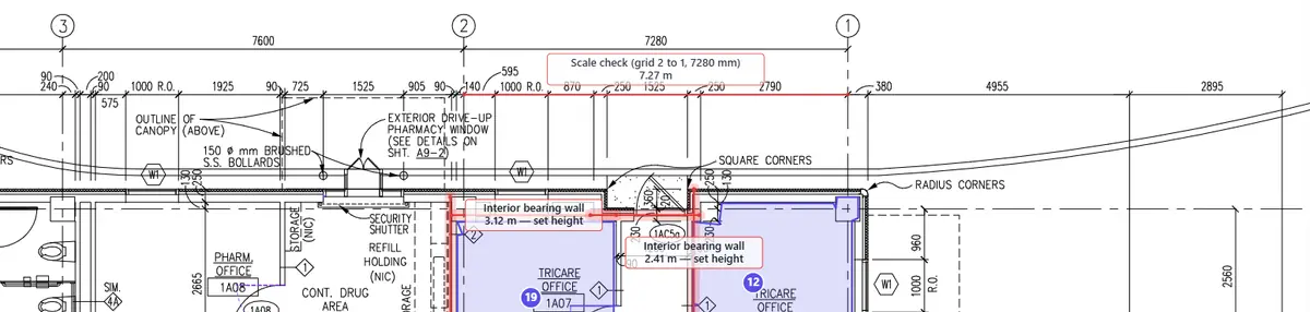 Length measurement along a 7280 millimetre grid dimension, labelled Scale check and reading 7.27 metres