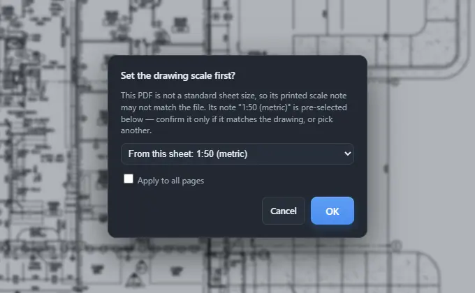 Set the drawing scale first dialog with the sheet's 1:50 metric scale note pre-selected and a warning that the PDF is not a standard sheet size