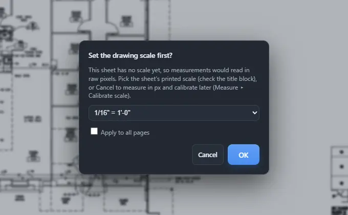 Set the drawing scale first dialog asking to pick the printed scale because the sheet has no scale yet